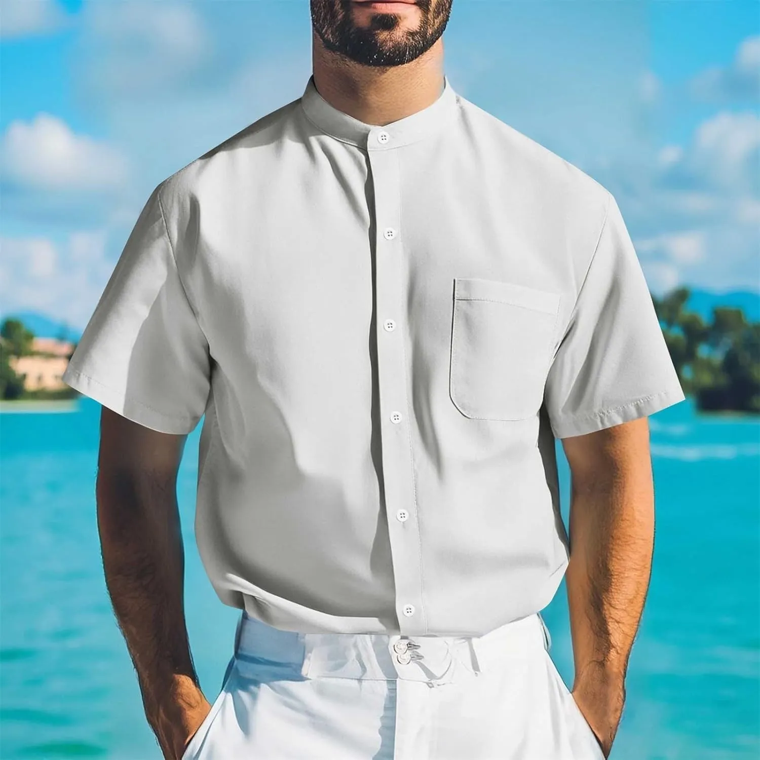 Men's Button Down Shirts Summer Casual Big and Tall Short Sleeve Beach Shirt Quick Dry Pocket Dress Chambray Blouse