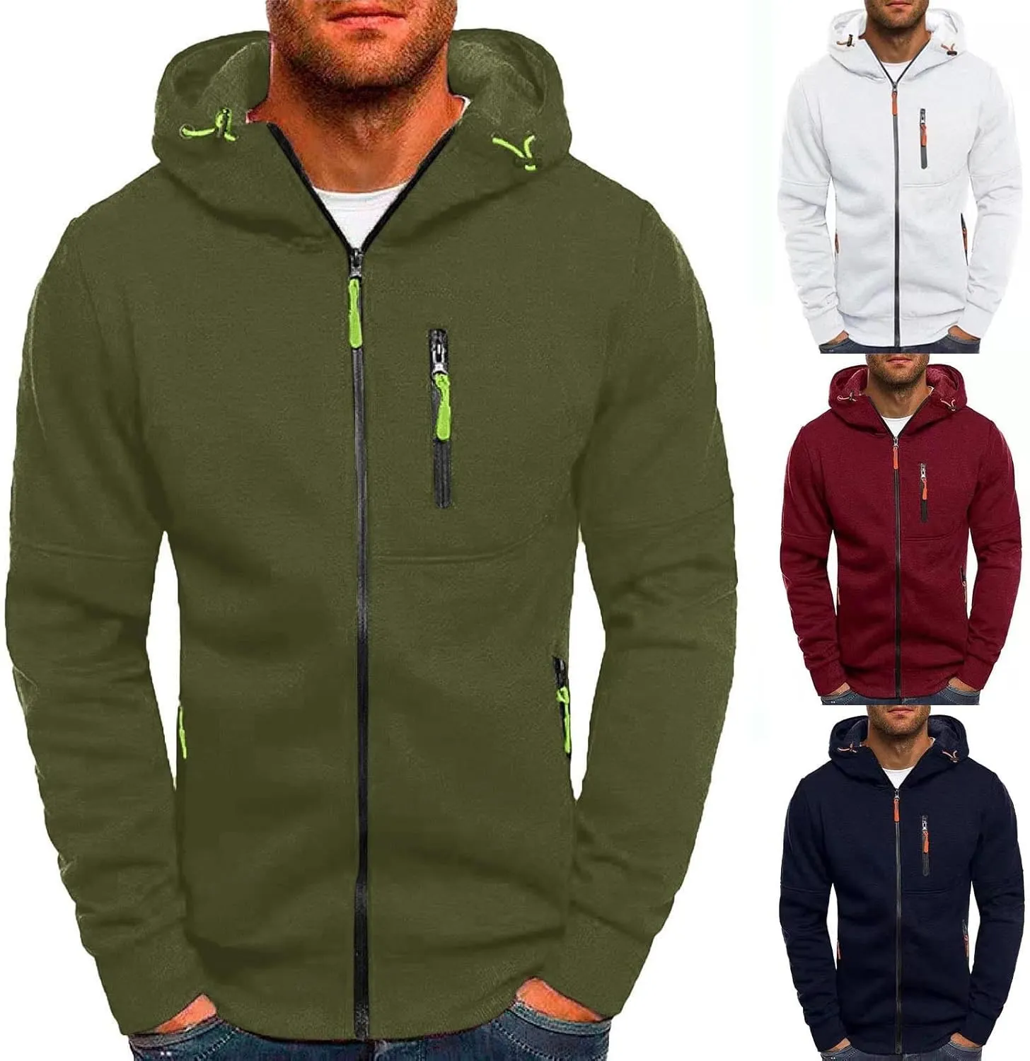 Men's Casual Hooded Jacket Solid Long Sleeve Full Zip Coat Lightweight Winter Outdoor Outwear with 3 Zip Pockets