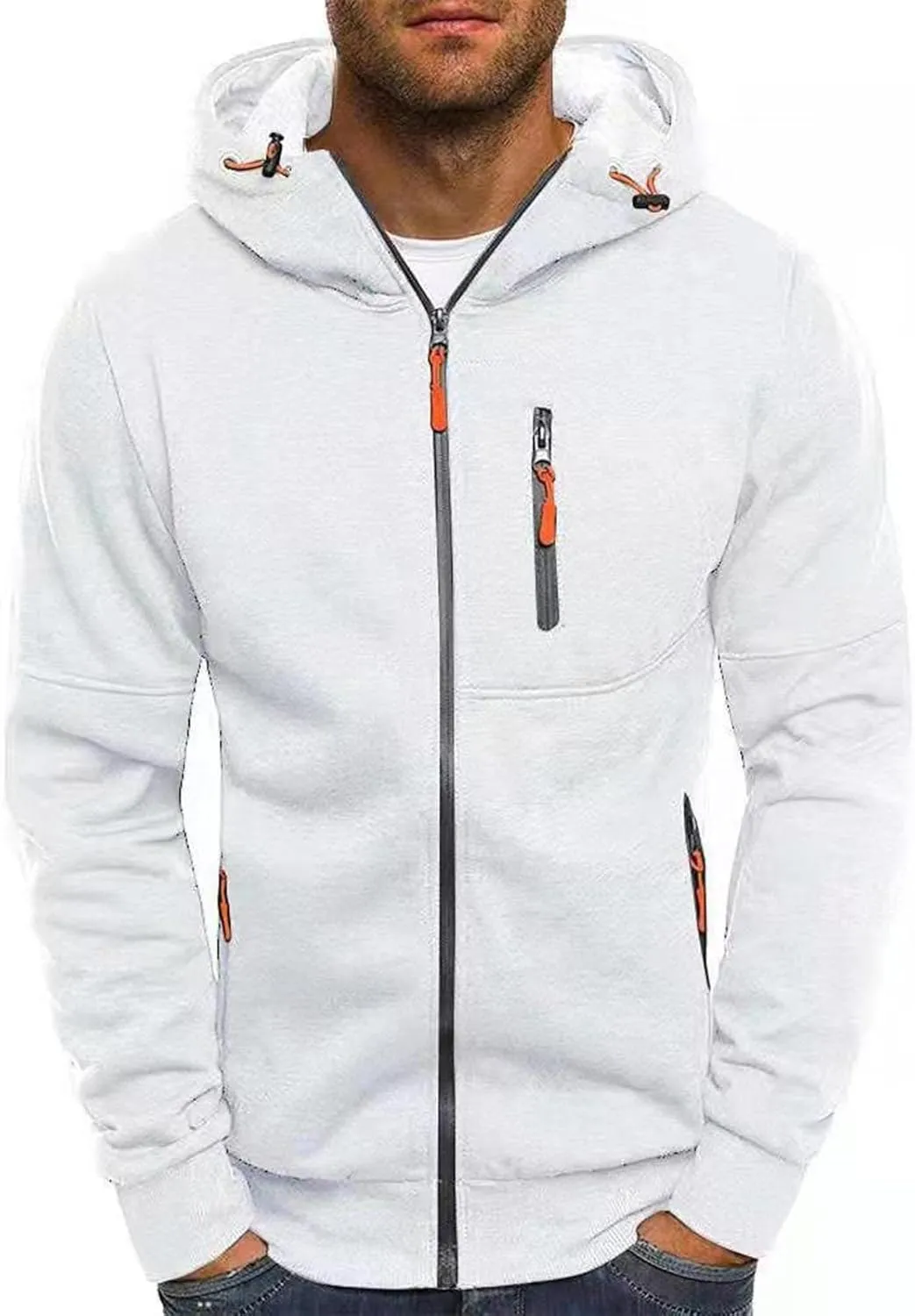 Men's Casual Hooded Jacket Solid Long Sleeve Full Zip Coat Lightweight Winter Outdoor Outwear with 3 Zip Pockets