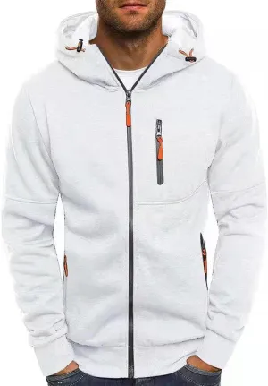 Men's Casual Hooded Jacket Solid Long Sleeve Full Zip Coat Lightweight Winter Outdoor Outwear with 3 Zip Pockets