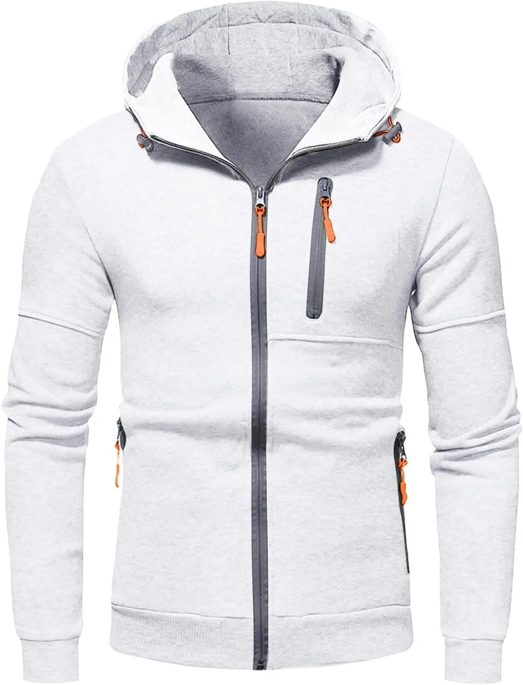Men's Casual Hooded Jacket Solid Long Sleeve Full Zip Coat Lightweight Winter Outdoor Outwear with 3 Zip Pockets