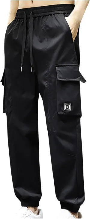 Mens Casual Joggers Cargo Pants Multi Pockets Tapered Sweatpants Drawstring Elastic Waist Outdoor Camping Trousers