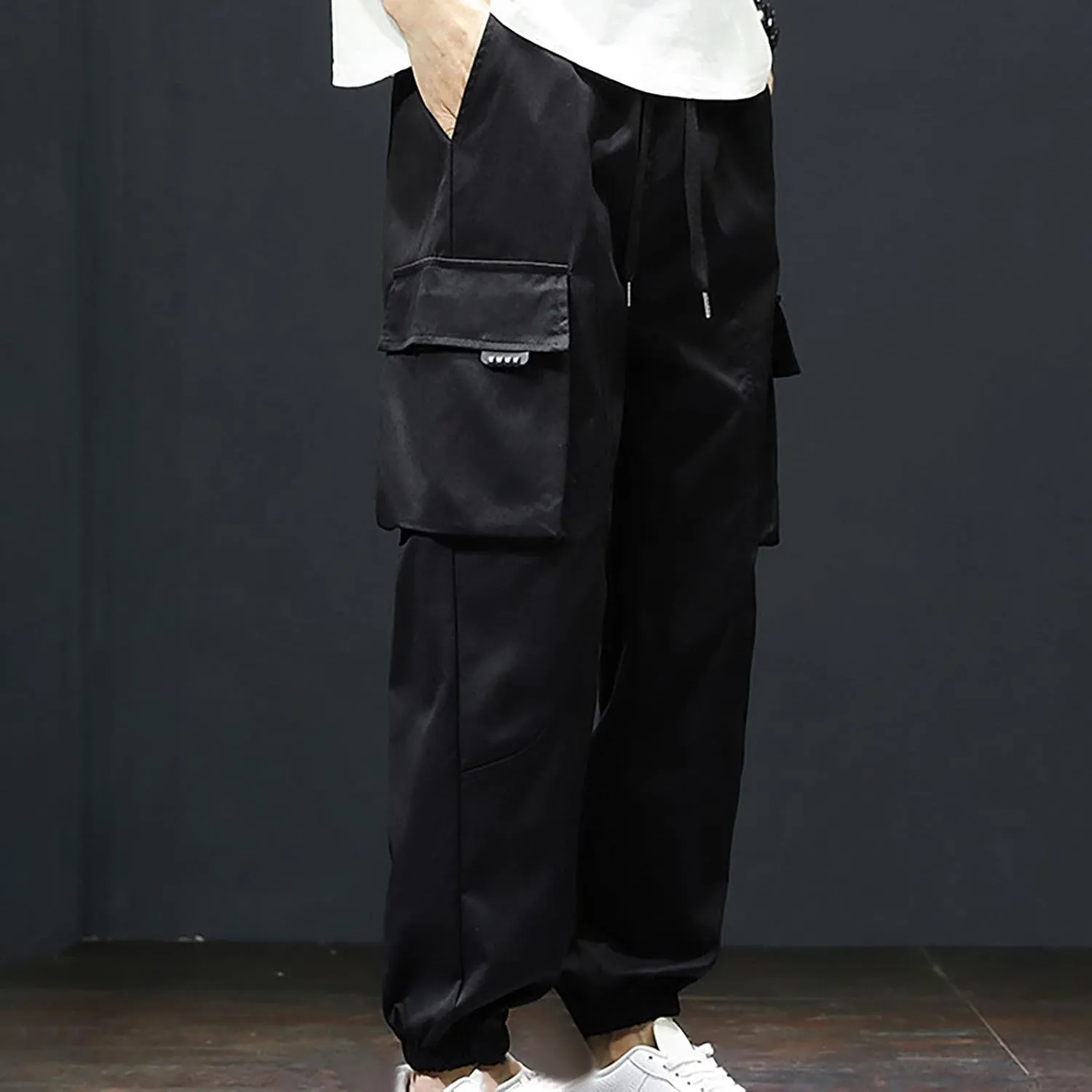 Mens Casual Joggers Cargo Pants Multi Pockets Tapered Sweatpants Drawstring Elastic Waist Outdoor Camping Trousers