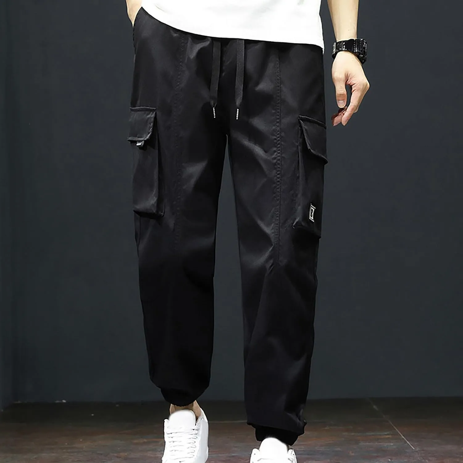 Mens Casual Joggers Cargo Pants Multi Pockets Tapered Sweatpants Drawstring Elastic Waist Outdoor Camping Trousers