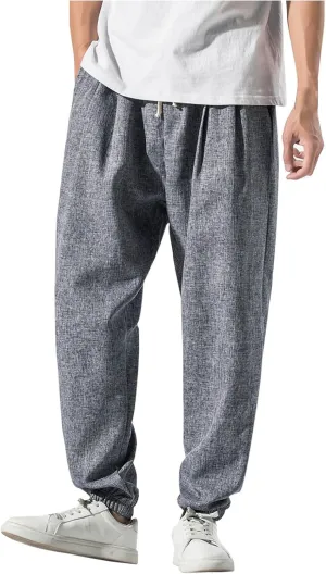Mens Casual Pants Linen Pants Summer Beach Trousers Drawstring Yoga Pants Soft Elastic Waist Pants