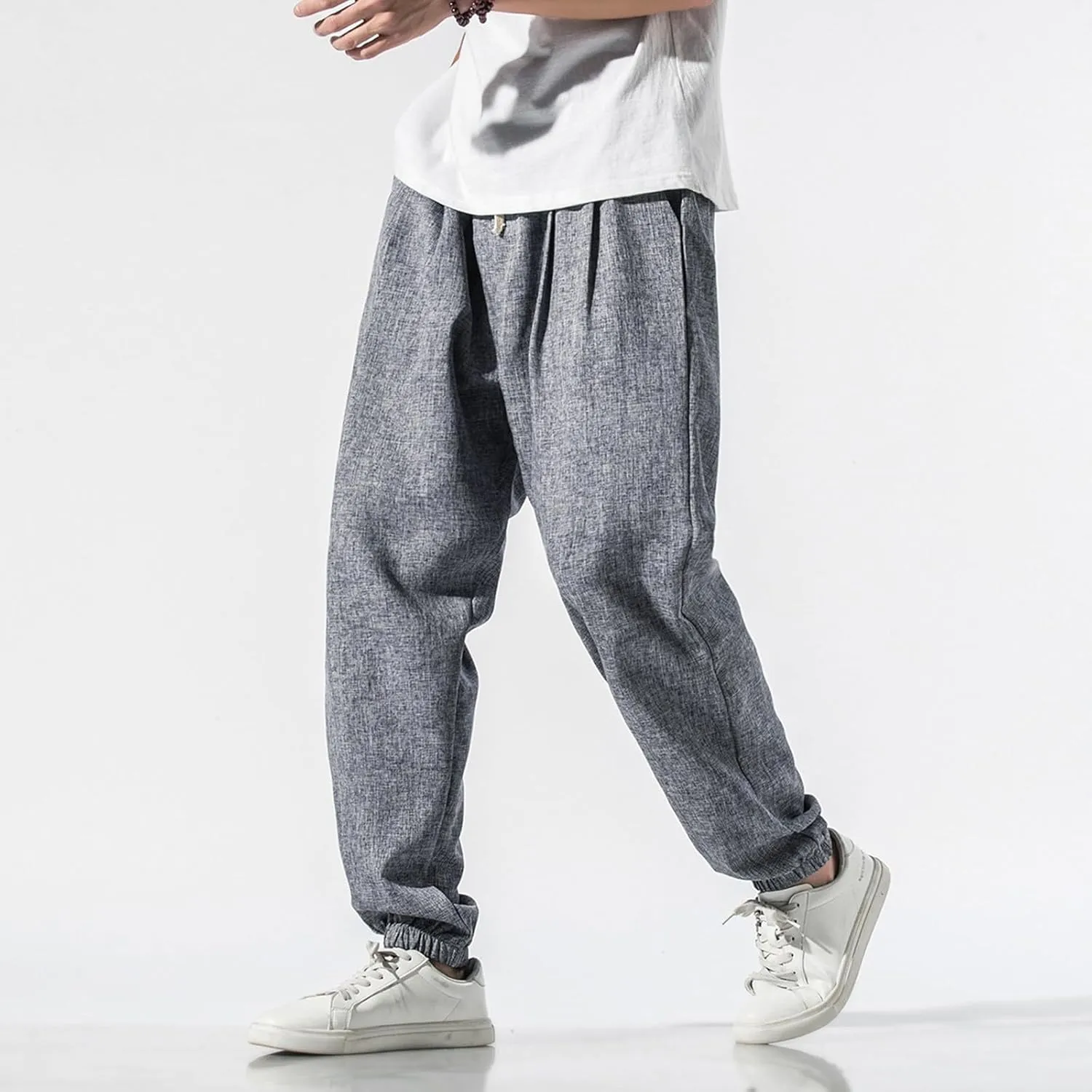 Mens Casual Pants Linen Pants Summer Beach Trousers Drawstring Yoga Pants Soft Elastic Waist Pants