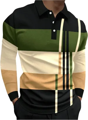 Men's Color Block Striped Print Long Sleeve Shirt Tops Button Down Collared Shirt Golf Casual Shirts Tops