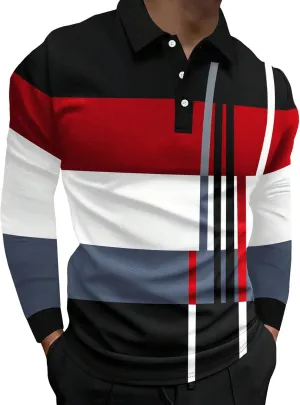 Men's Color Block Striped Print Long Sleeve Shirt Tops Button Down Collared Shirt Golf Casual Shirts Tops