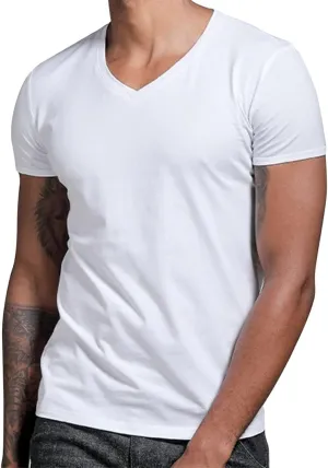 Mens Compression Shirts Stretch V-Neck Short Sleeve Muscle Cut Off Shirts Gym Workout Athletic Active Crewneck Tees