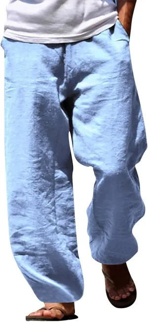 Men's Cotton Linen Pants Casual Drawstring Elastic Waist Beach Pants Loose Yoga Pants Yoga Pants