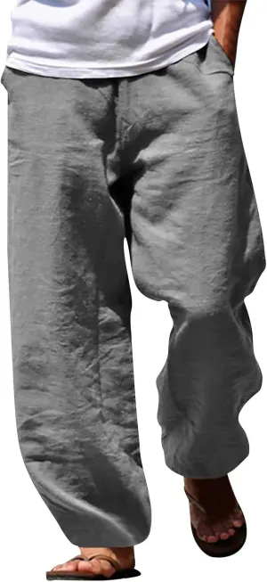 Men's Cotton Linen Pants Casual Drawstring Elastic Waist Beach Pants Loose Yoga Pants Yoga Pants