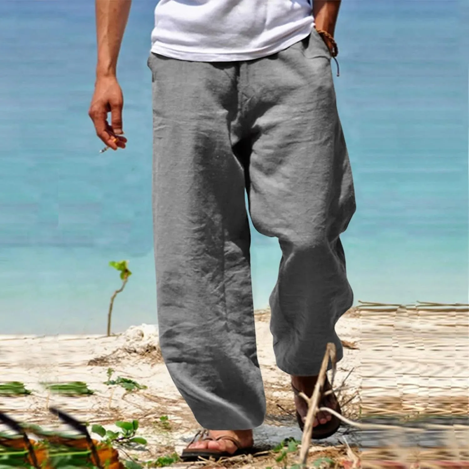 Men's Cotton Linen Pants Casual Drawstring Elastic Waist Beach Pants Loose Yoga Pants Yoga Pants
