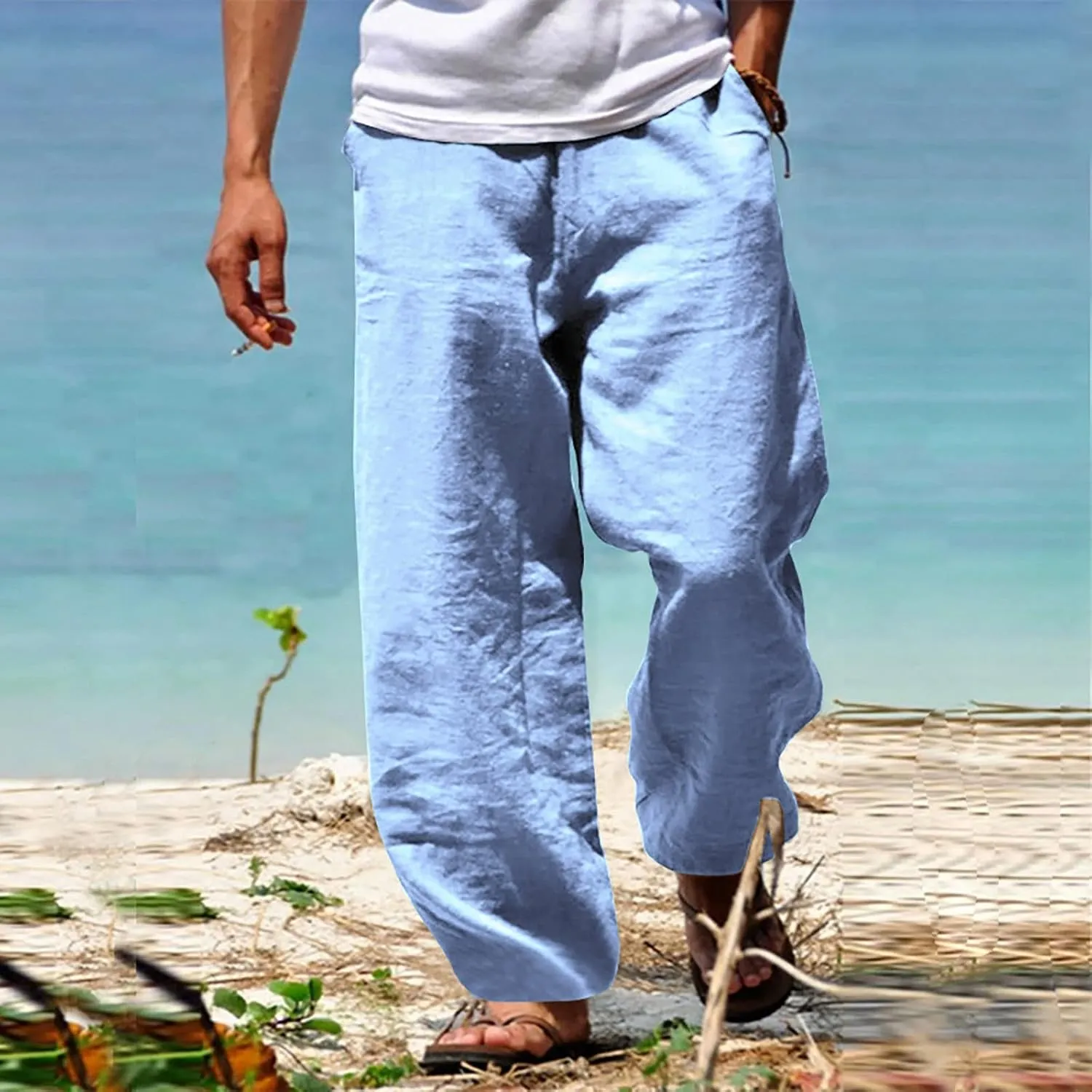 Men's Cotton Linen Pants Casual Drawstring Elastic Waist Beach Pants Loose Yoga Pants Yoga Pants