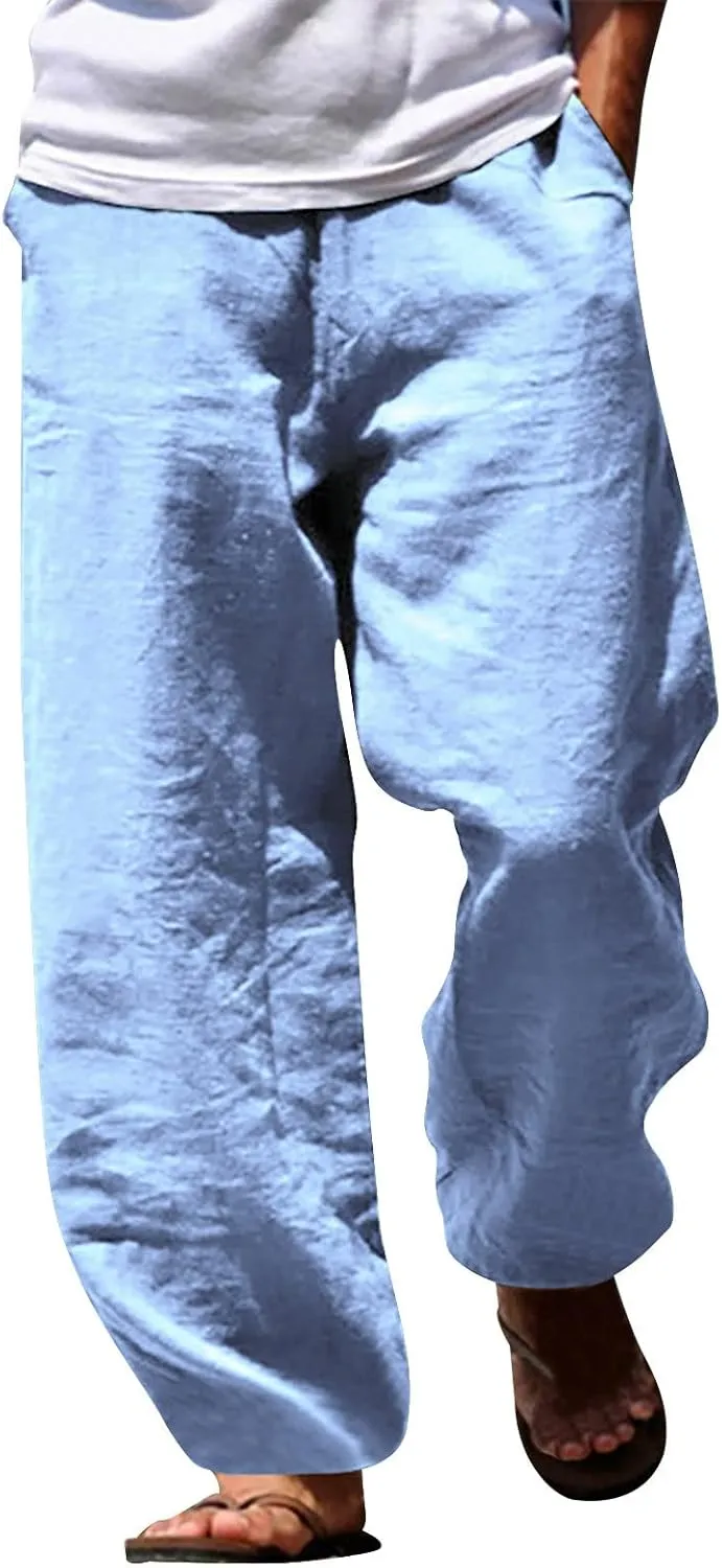 Men's Cotton Linen Pants Casual Drawstring Elastic Waist Beach Pants Loose Yoga Pants Yoga Pants