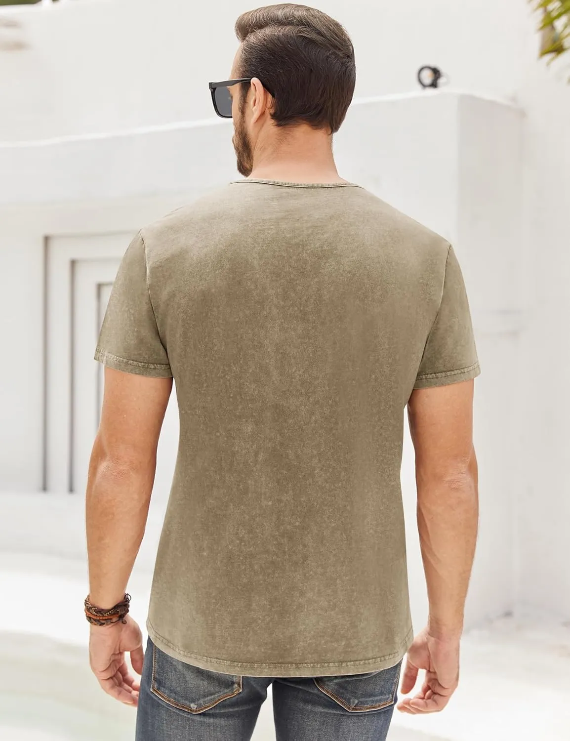 Mens Distressed Henley Shirts Retro Short Sleeve Tee Shirts Casual Button Down Washed T-Shirts for Men