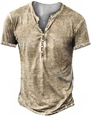 Mens Distressed Henley Shirts Retro Short Sleeve Tee Shirts Casual Button Down Washed T-Shirts for Men