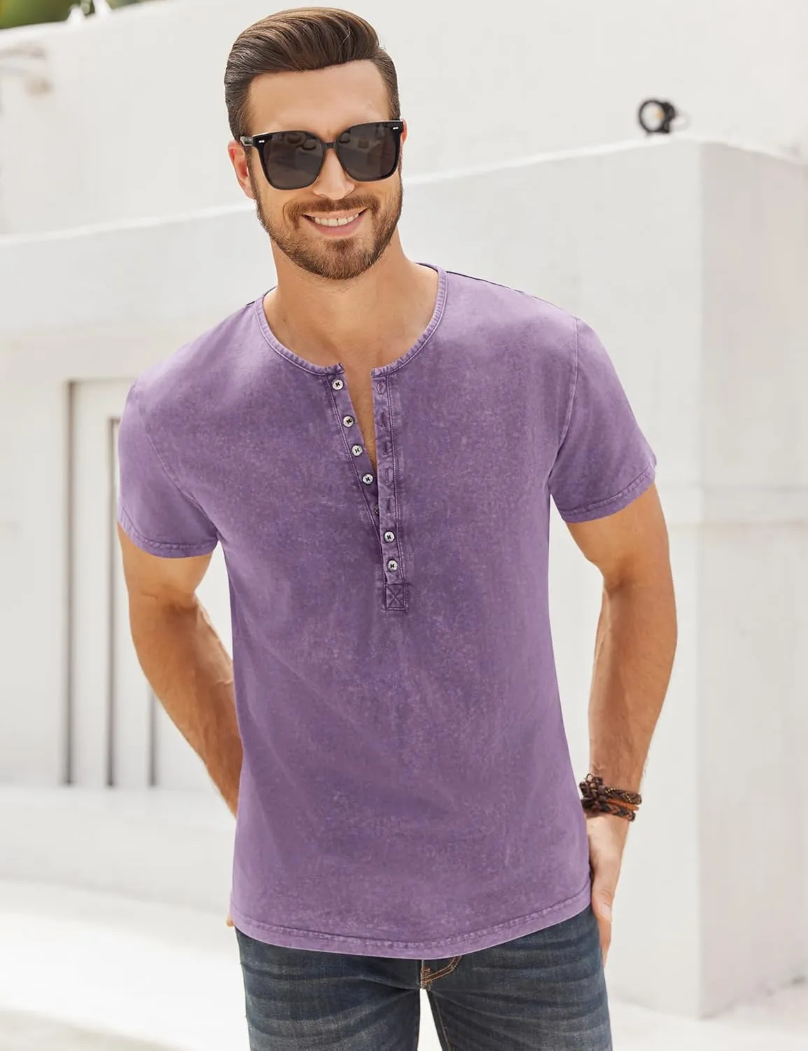 Mens Distressed Henley Shirts Retro Short Sleeve Tee Shirts Casual Button Down Washed T-Shirts for Men