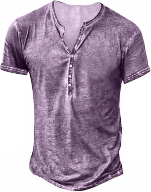 Mens Distressed Henley Shirts Retro Short Sleeve Tee Shirts Casual Button Down Washed T-Shirts for Men