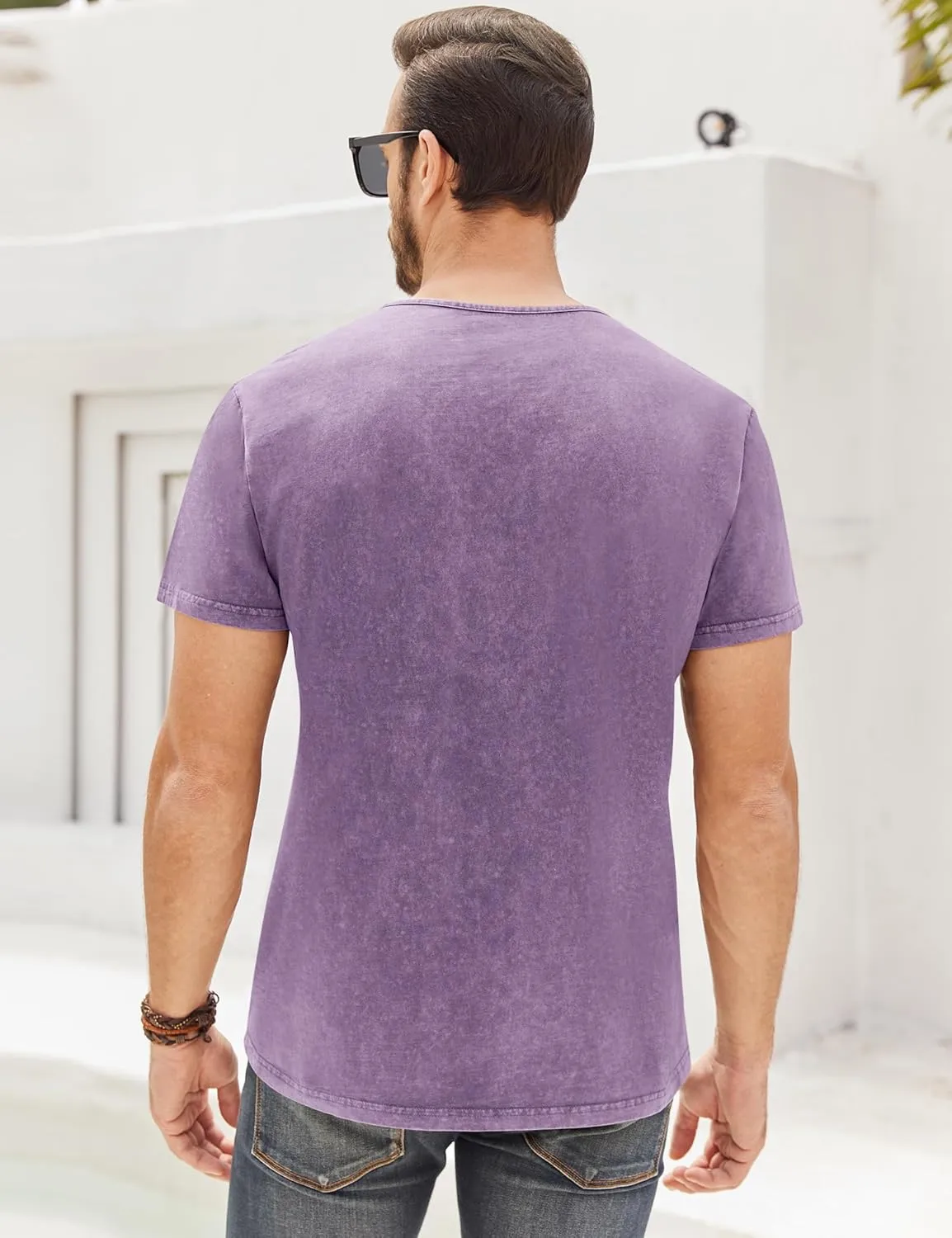 Mens Distressed Henley Shirts Retro Short Sleeve Tee Shirts Casual Button Down Washed T-Shirts for Men