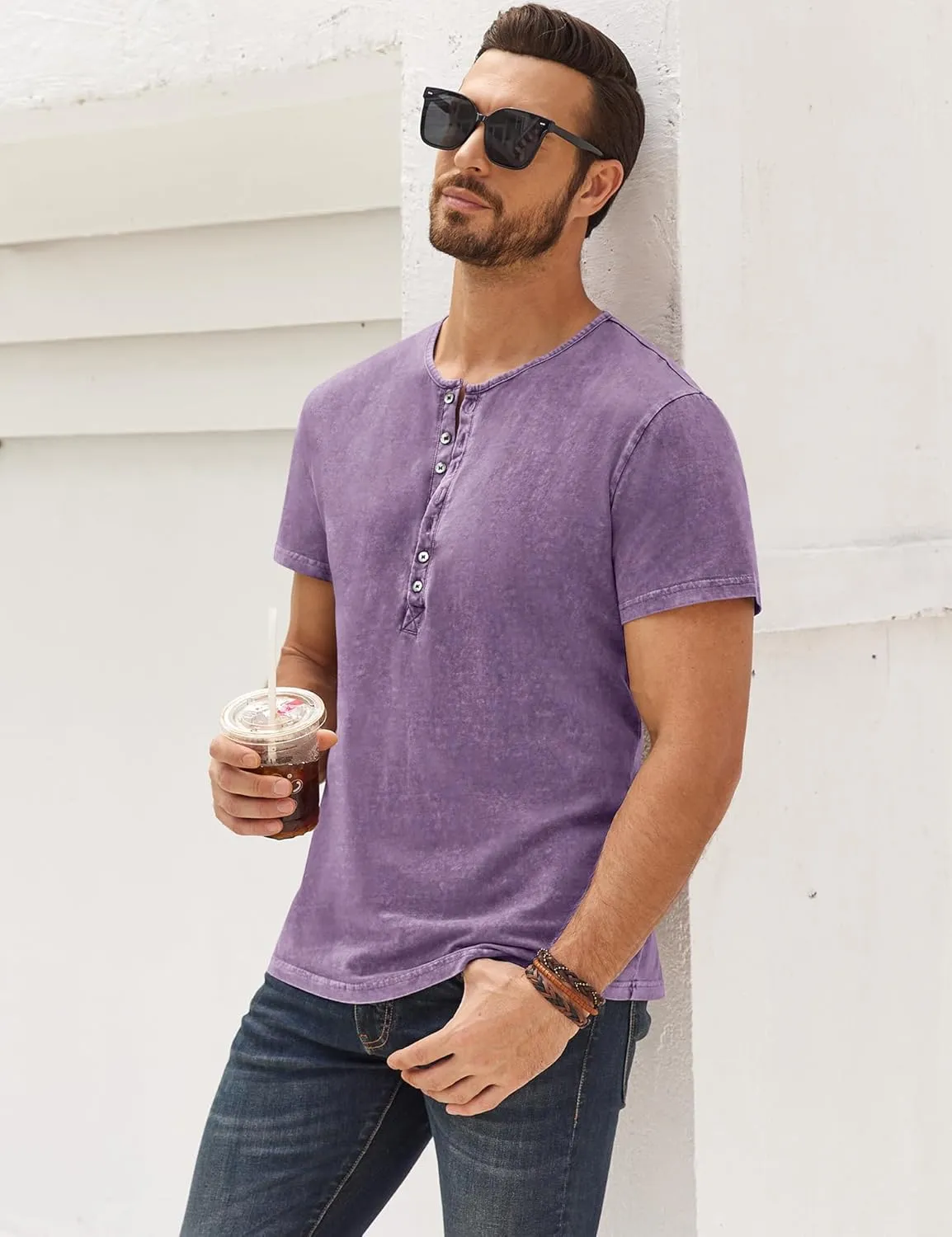 Mens Distressed Henley Shirts Retro Short Sleeve Tee Shirts Casual Button Down Washed T-Shirts for Men