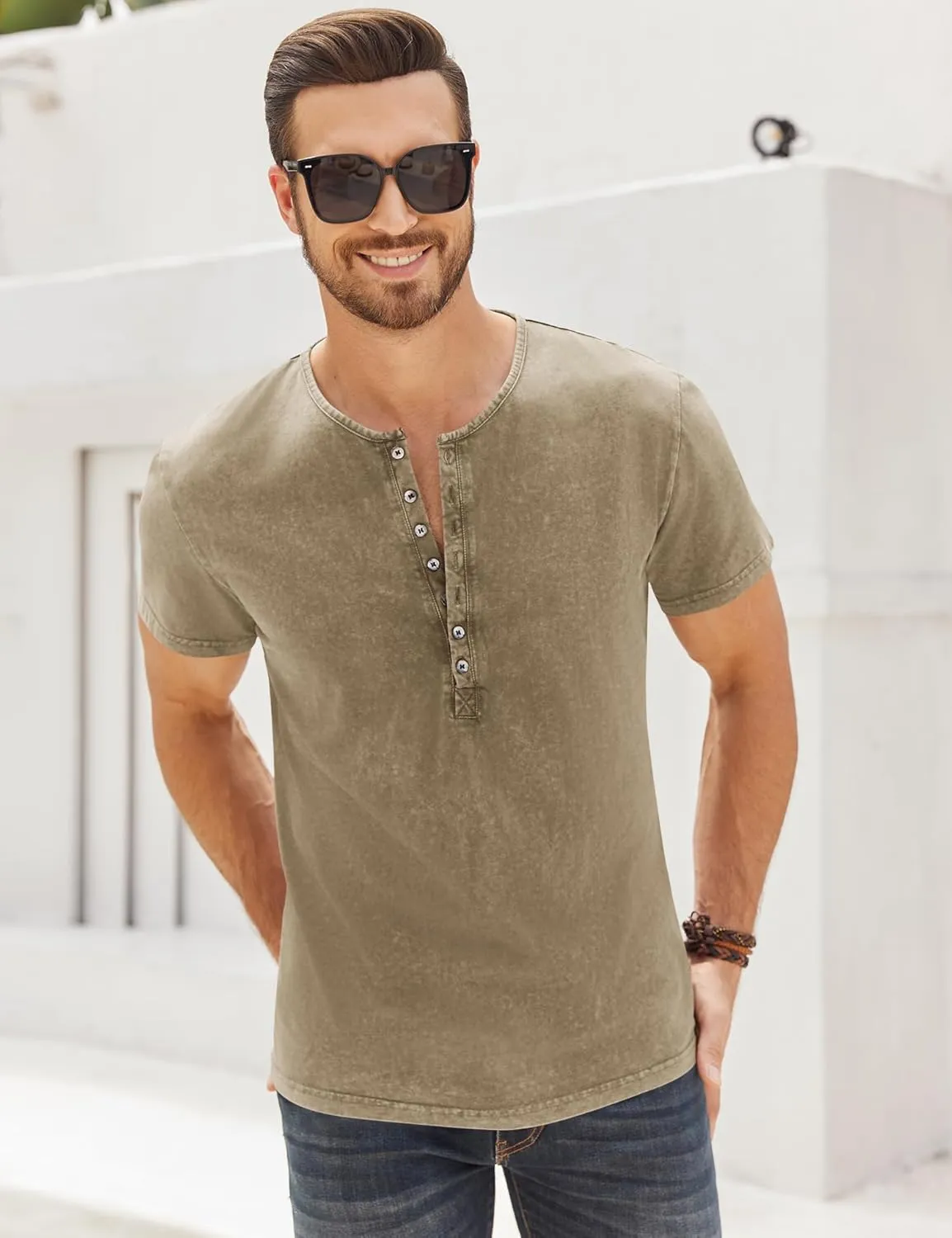 Mens Distressed Henley Shirts Retro Short Sleeve Tee Shirts Casual Button Down Washed T-Shirts for Men