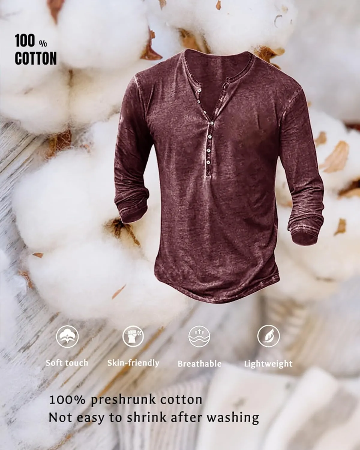Mens Distressed Henley Shirts Vintage Long Sleeve Shirts Casual Button Down V Neck T Shirts for Men