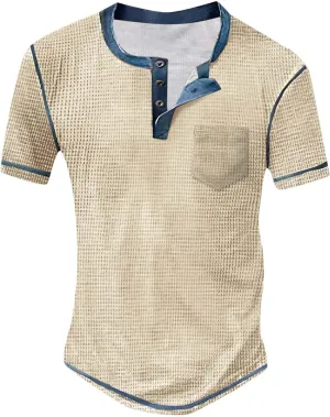 Mens Distressed Henley Shirts Waffle Knit Short Sleeve Button T-Shirts for Men Summer Casual Vintage Tee Shirts
