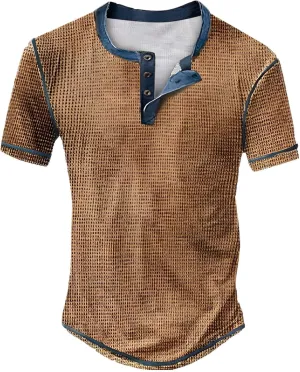 Mens Distressed Henley Shirts Waffle Knit Short Sleeve Button T-Shirts for Men Summer Casual Vintage Tee Shirts