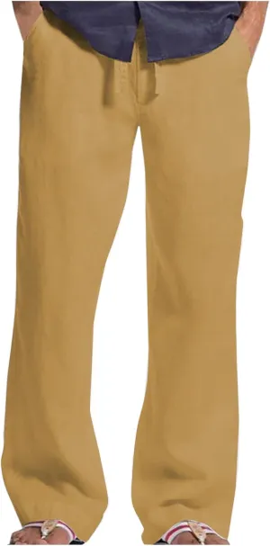 Mens Elastic Waist Drawstring Pants Lightweight Casual Straight Yoga Trouser Summer Joggers Beach Pant with Pocket