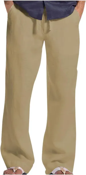 Mens Elastic Waist Drawstring Pants Lightweight Casual Straight Yoga Trouser Summer Joggers Beach Pant with Pocket