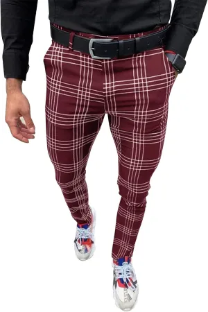 Men's Fashion Stretch Dress Pants Slim Fit Plaid Pants Business Suit Pants Casual Golf Pants