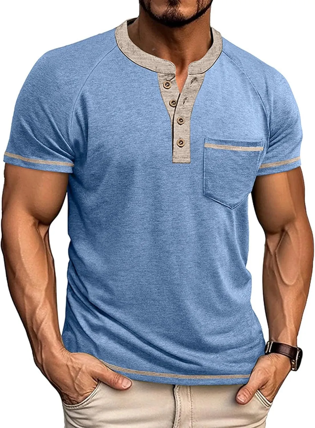 Mens Henley Shirts Short Sleeve Casual Button T-Shirts Basic Cotton Tee Shirts Summer Moisture Wicking Lightweight Tee Tops