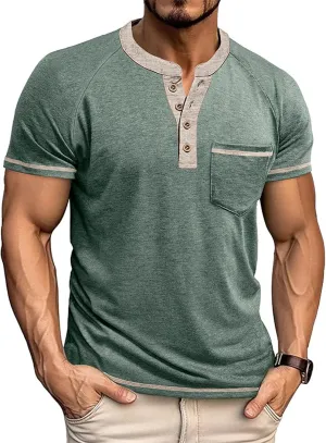 Mens Henley Shirts Short Sleeve Casual Button T-Shirts Basic Cotton Tee Shirts Summer Moisture Wicking Lightweight Tee Tops