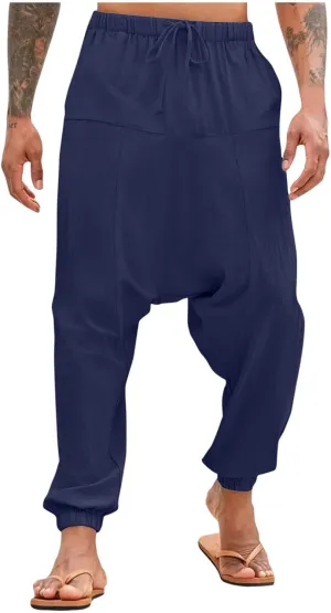 Men's Linen Pants Casual Pants Relaxed-Fit Beach Pants Summer Trousers Drawstring Elastic Waist Pants