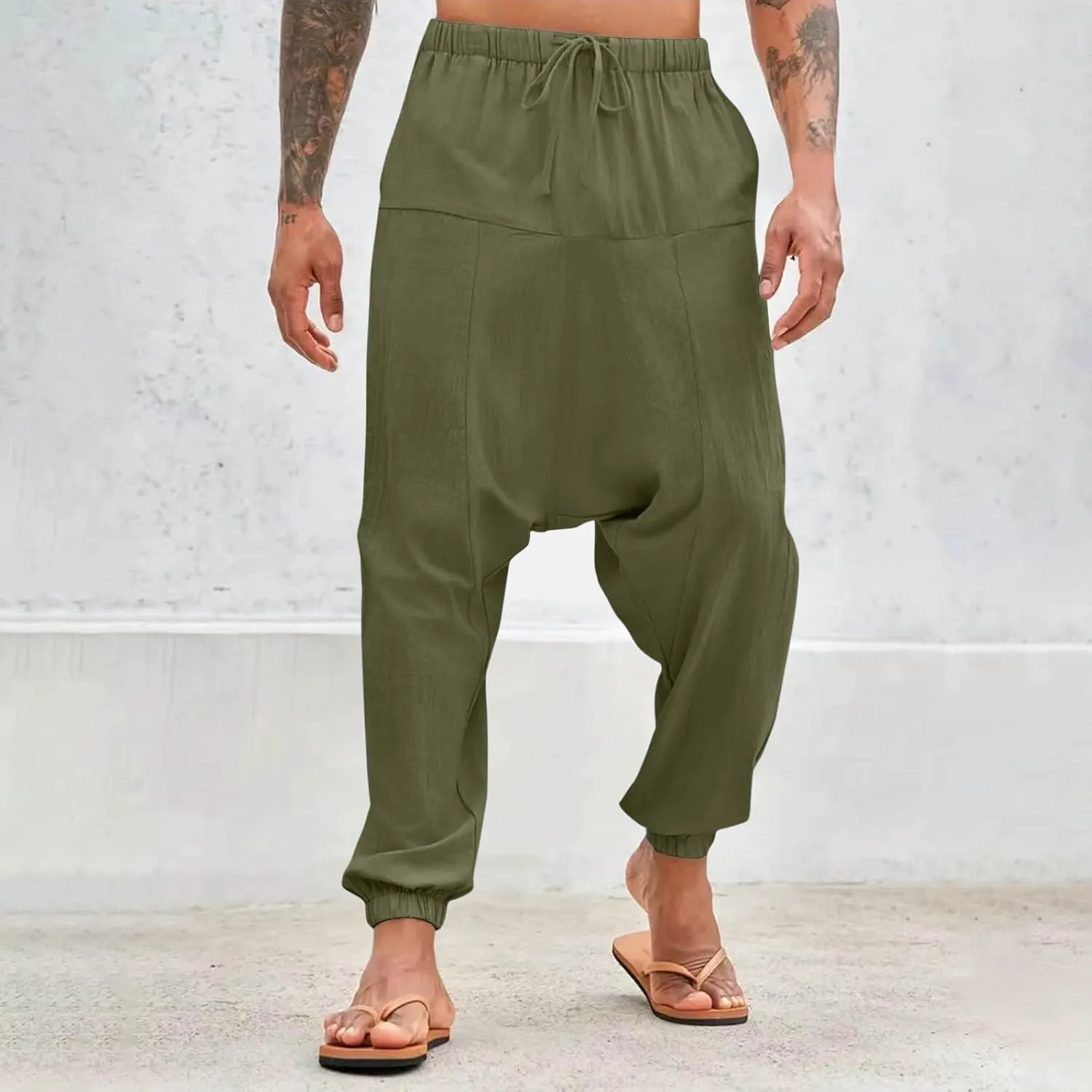Men's Linen Pants Casual Pants Relaxed-Fit Beach Pants Summer Trousers Drawstring Elastic Waist Pants