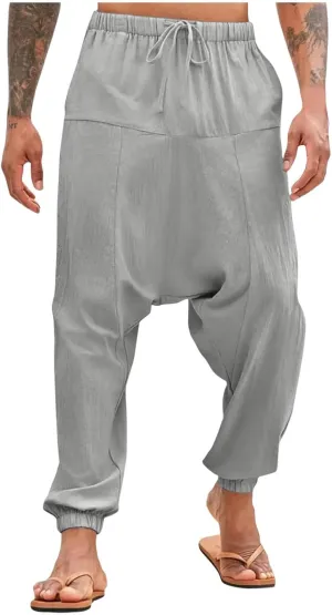 Men's Linen Pants Casual Pants Relaxed-Fit Beach Pants Summer Trousers Drawstring Elastic Waist Pants