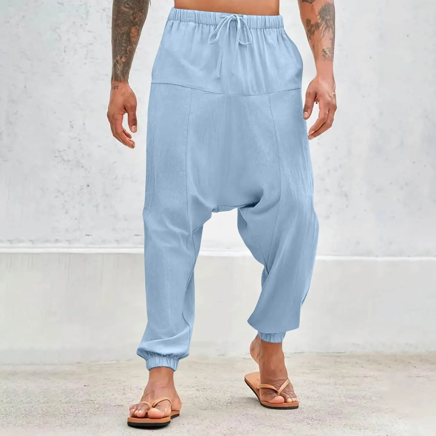 Men's Linen Pants Casual Pants Relaxed-Fit Beach Pants Summer Trousers Drawstring Elastic Waist Pants
