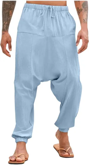 Men's Linen Pants Casual Pants Relaxed-Fit Beach Pants Summer Trousers Drawstring Elastic Waist Pants