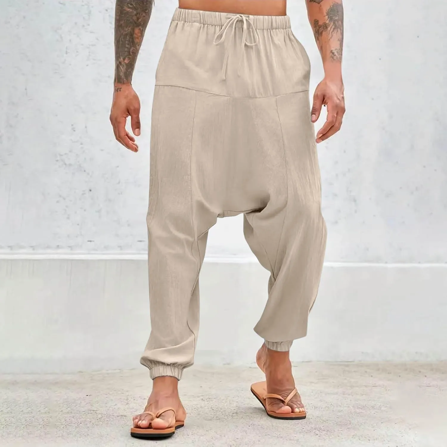 Men's Linen Pants Casual Pants Relaxed-Fit Beach Pants Summer Trousers Drawstring Elastic Waist Pants
