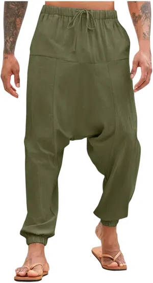 Men's Linen Pants Casual Pants Relaxed-Fit Beach Pants Summer Trousers Drawstring Elastic Waist Pants