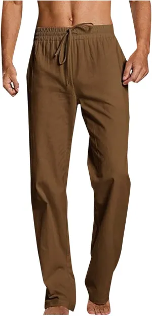 Mens Linen Pants Casual Pants Relaxed-Fit Beach Pants Summer Trousers Drawstring Elastic Waist Pants