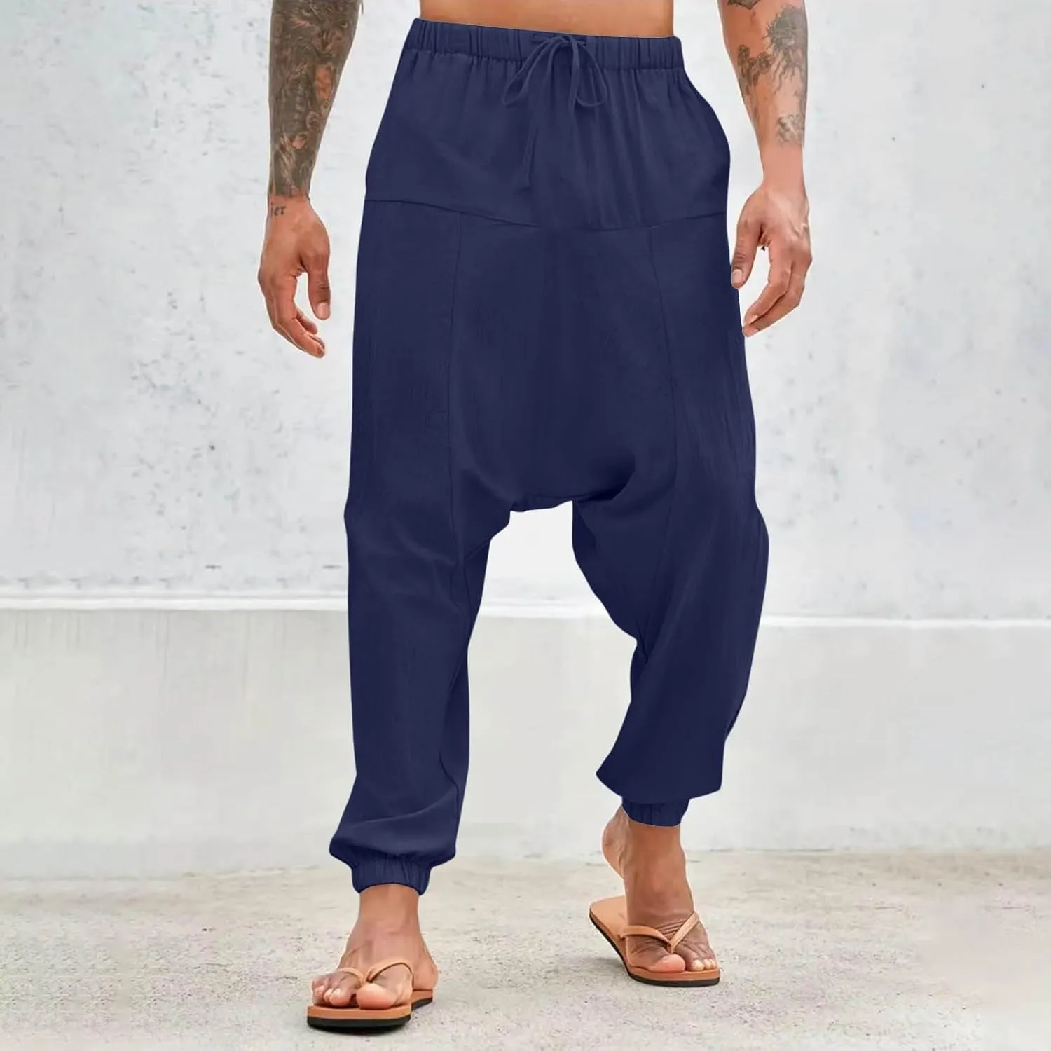 Men's Linen Pants Casual Pants Relaxed-Fit Beach Pants Summer Trousers Drawstring Elastic Waist Pants