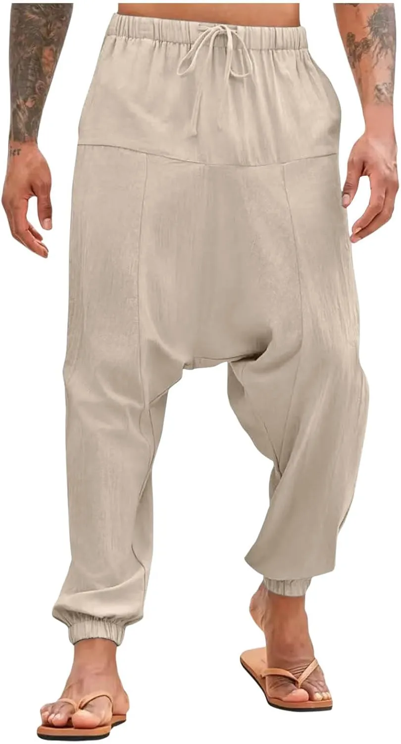 Men's Linen Pants Casual Pants Relaxed-Fit Beach Pants Summer Trousers Drawstring Elastic Waist Pants