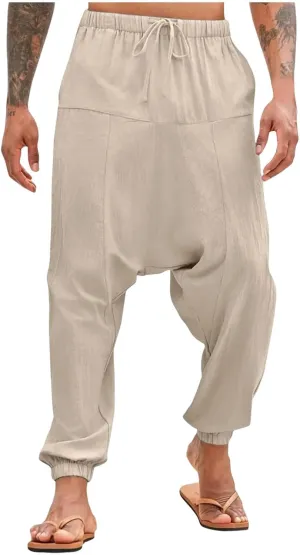 Men's Linen Pants Casual Pants Relaxed-Fit Beach Pants Summer Trousers Drawstring Elastic Waist Pants