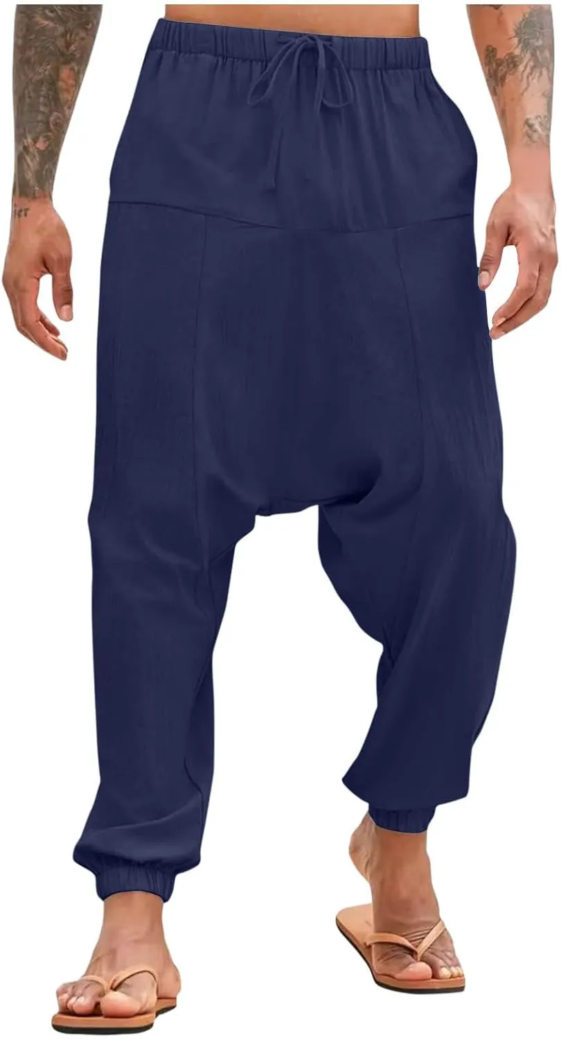 Men's Linen Pants Casual Pants Relaxed-Fit Beach Pants Summer Trousers Drawstring Elastic Waist Pants