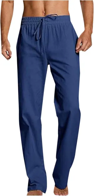 Mens Linen Pants Casual Pants Relaxed-Fit Beach Pants Summer Trousers Drawstring Elastic Waist Pants