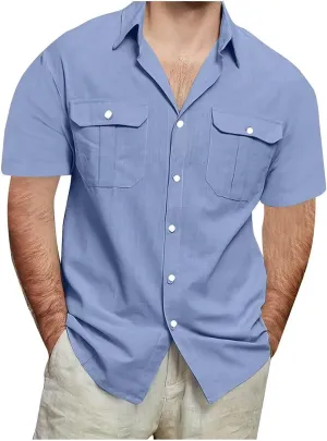 Men's Linen Shirts Casual Short Sleeve Button Down Cotton Shirt Lightweight Casual Summer Collared T-Shirt with Pocket