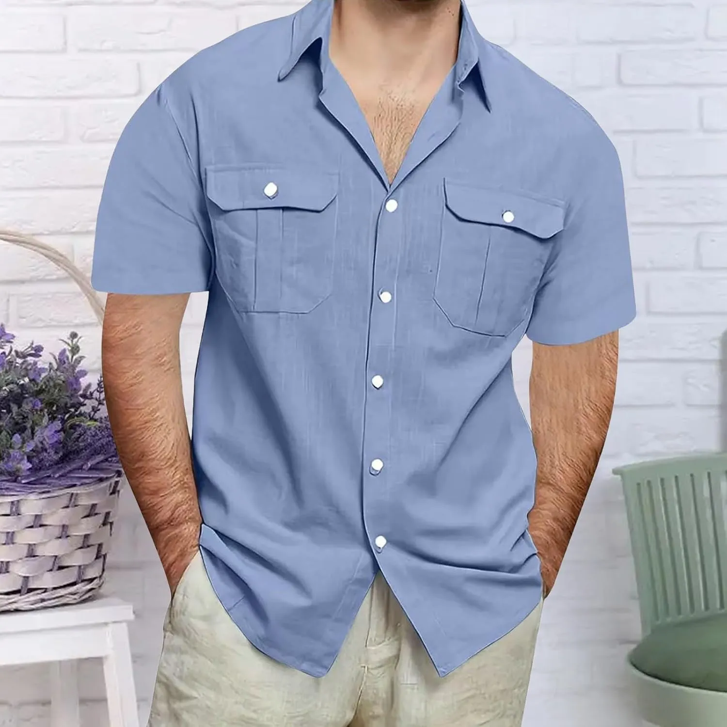 Men's Linen Shirts Casual Short Sleeve Button Down Cotton Shirt Lightweight Casual Summer Collared T-Shirt with Pocket