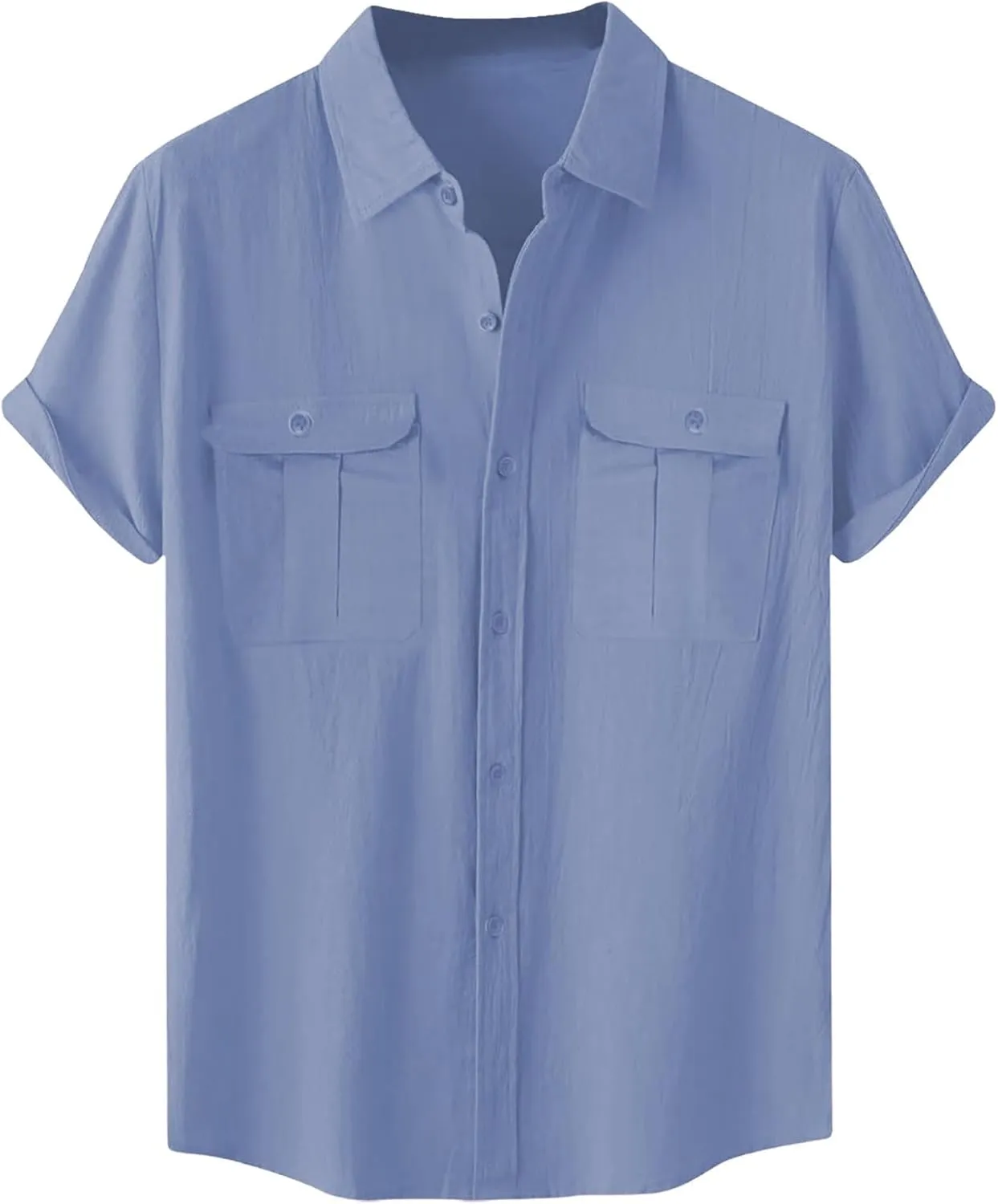Men's Linen Shirts Casual Short Sleeve Button Down Cotton Shirt Lightweight Casual Summer Collared T-Shirt with Pocket