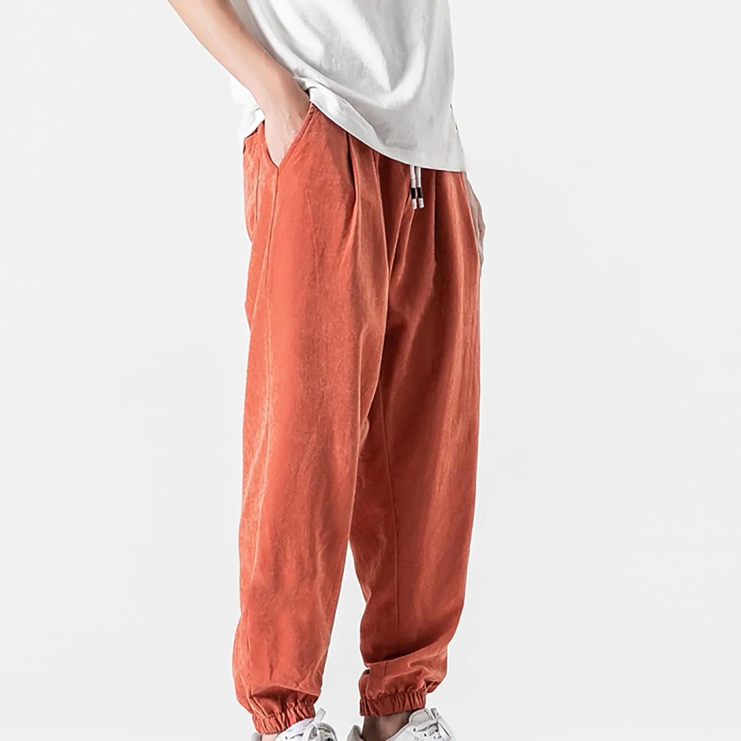 Mens Linen Tapered Pants Drawstring Elastic Waist Lightweight Casual Summer Beach Pants Classic Plain Trousers